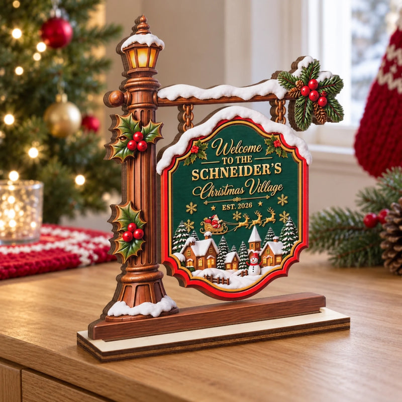 Custom Name Christmas Village Decor - Personalized 2-Layered Wooden Plaque With Flat Stand