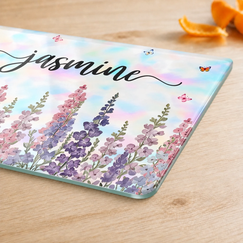 Custom Name Floral Butterfly Kitchen Decor - Personalized Glass Cutting Board