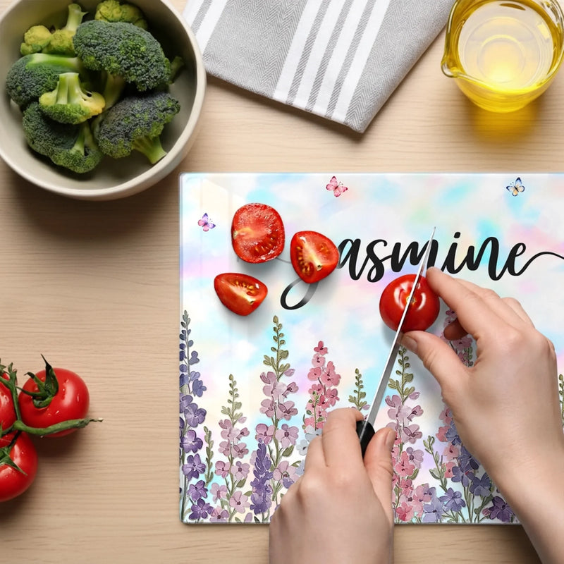 Custom Name Floral Butterfly Kitchen Decor - Personalized Glass Cutting Board