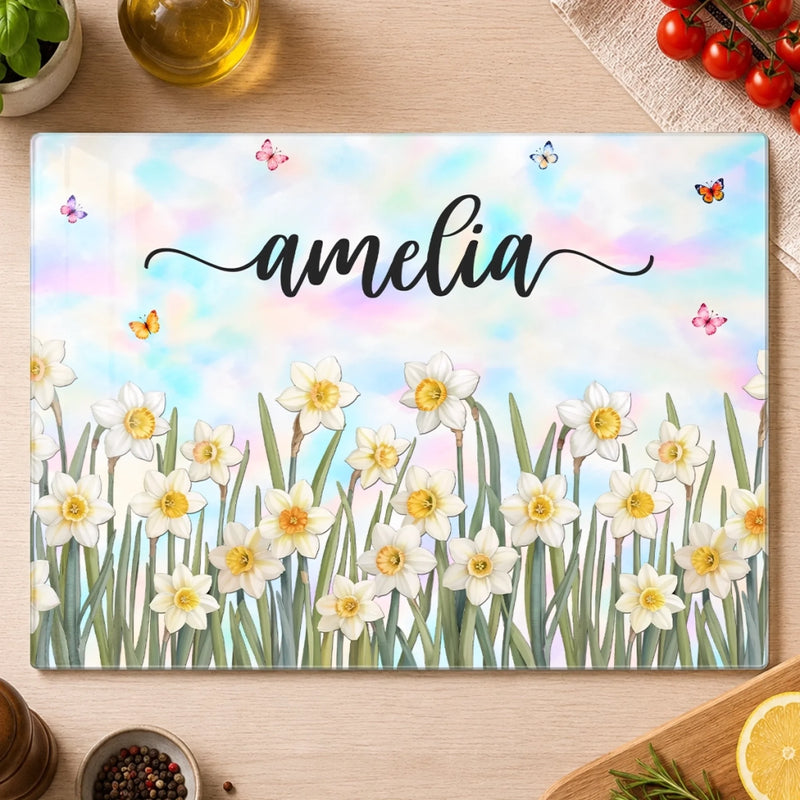 Custom Name Floral Butterfly Kitchen Decor - Personalized Glass Cutting Board