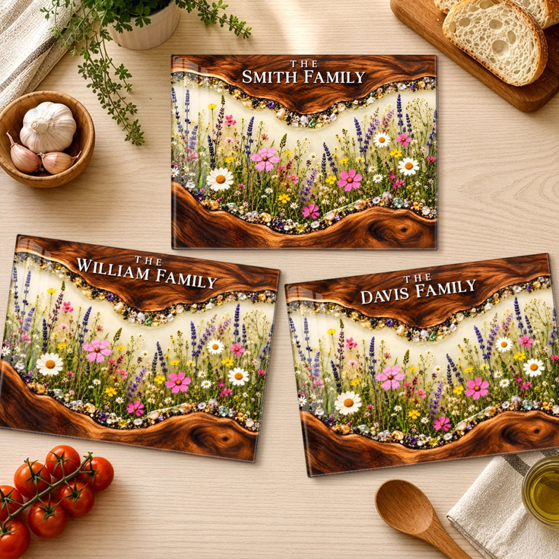 Custom Family Name Wildflower Kitchen Decor - Personalized Glass Cutting Board