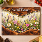 Custom Family Name Wildflower Kitchen Decor - Personalized Glass Cutting Board