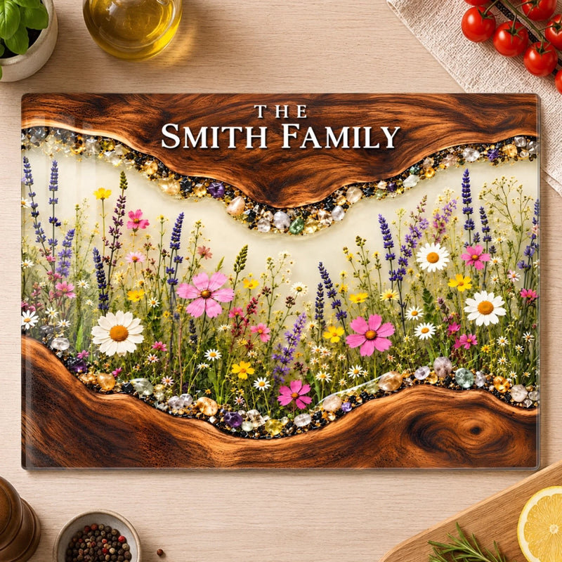 Custom Family Name Wildflower Kitchen Decor - Personalized Glass Cutting Board