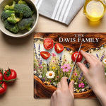Custom Family Name Wildflower Kitchen Decor - Personalized Glass Cutting Board