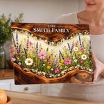 Custom Family Name Wildflower Kitchen Decor - Personalized Glass Cutting Board