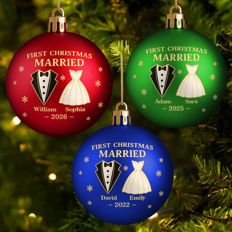 Custom Name First Christmas Married Gifts for Couples - Personalized Full Wrap Ball Ornament