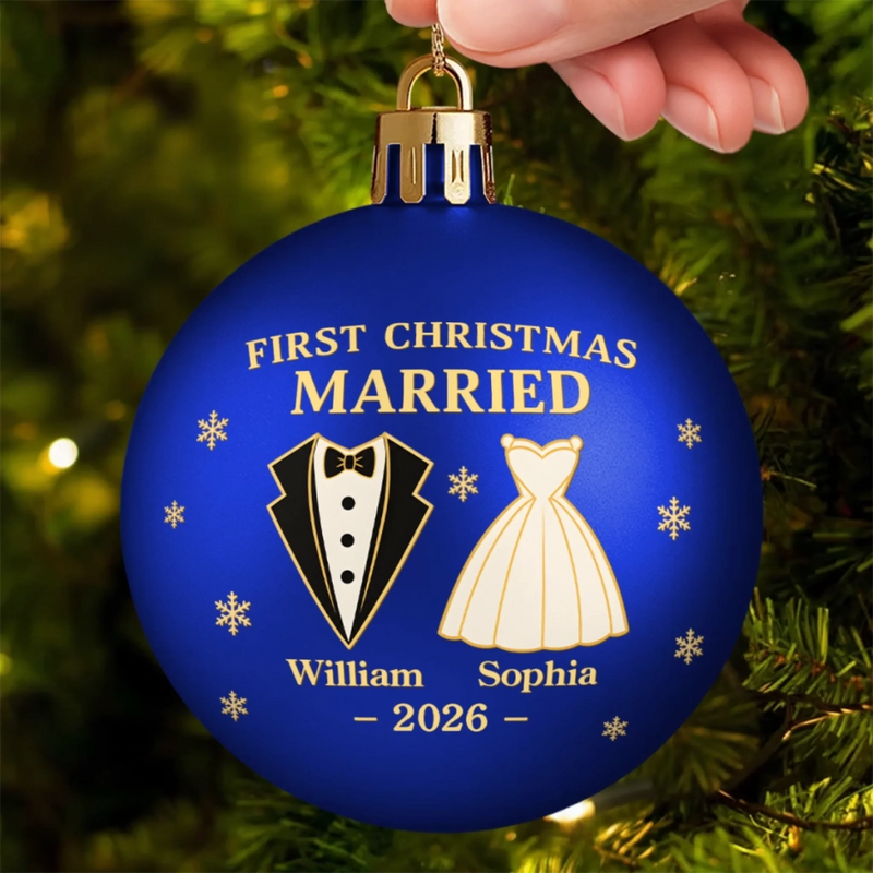 Custom Name First Christmas Married Gifts for Couples - Personalized Full Wrap Ball Ornament
