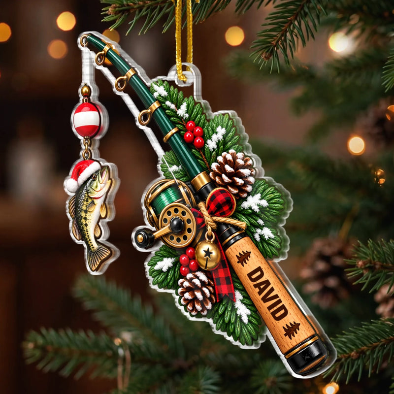 Custom Name Christmas Fishing Rod Keepsake Gifts - Personalized Acrylic Ornament
