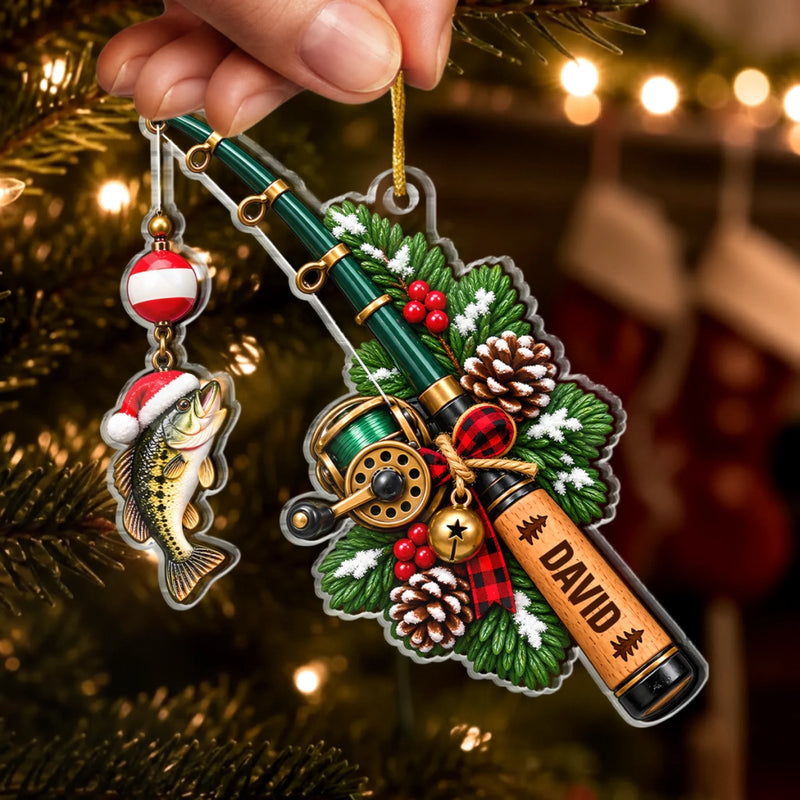 Custom Name Christmas Fishing Rod Keepsake Gifts - Personalized Acrylic Ornament