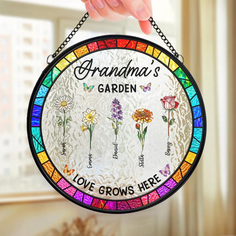 Custom Name Grandma's Garden Gifts for Grandma - Personalized Stained Glass Suncatcher
