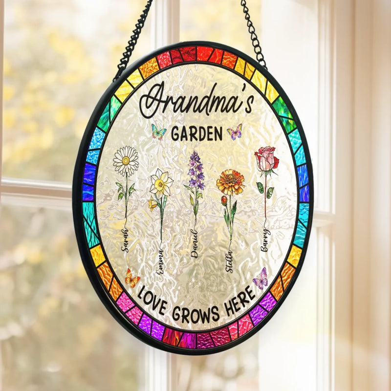Custom Name Grandma's Garden Gifts for Grandma - Personalized Stained Glass Suncatcher