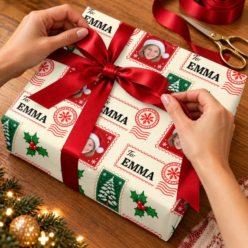 Custom Christmas Postage Stamp Gifts for Kids - Personalized Photo Wrapping Paper