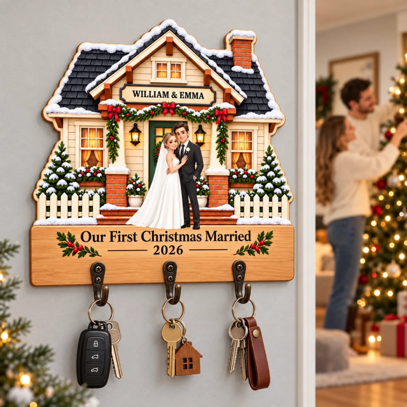 Personalized Wooden Key Holder – Christmas Gifts For Newlyweds – Our First Christmas Married