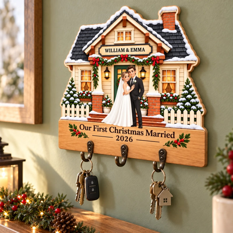 Personalized Wooden Key Holder – Christmas Gifts For Newlyweds – Our First Christmas Married