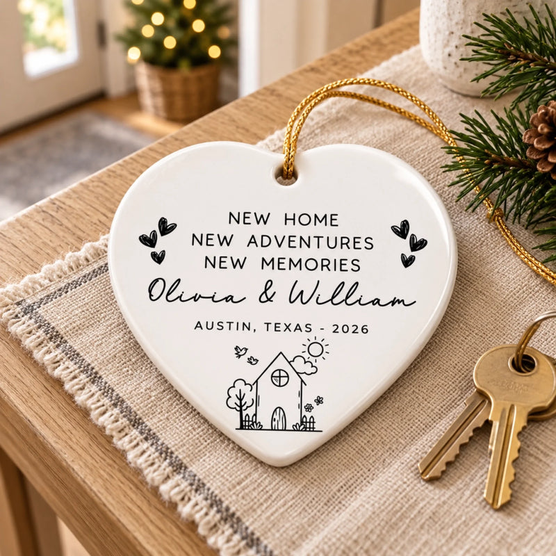 Personalized Heart Ceramic Ornament – Housewarming Gifts For New Homeowners – New Home New Memories