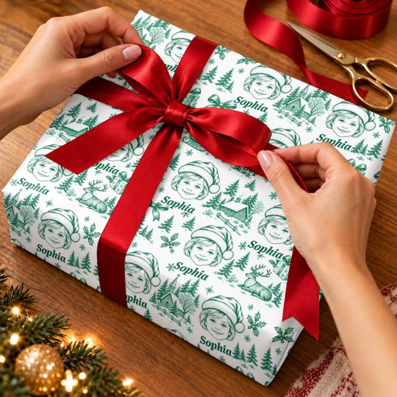 Custom Christmas Toile Photo Print For Kids - Personalized Wrapping Paper