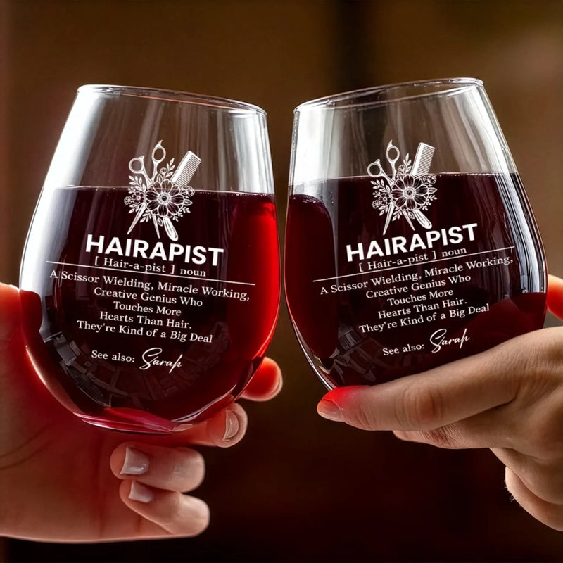 Custom Name Hairapist Gifts for Hairstylists - Personalized Wine Glass